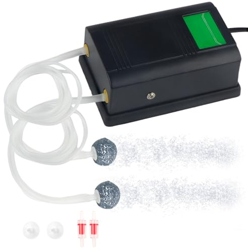 UYUYong Pompa D'aria per Acquario Regolabile 5 W Ossigenatore per Acquario 2 Uscite Ossigeno con Pietra Tubo D'aria Valvola di Non Ritorno e Ventose Aeratore Portatile per Litri Di Pesci e Tartarughe