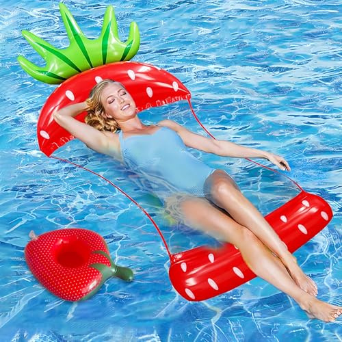 Pool Inflatables, Inflatable Pool Float for Adults with Headrest, Large Lounger Raft, Pool Hammock And Floating Mattress for Relaxation - Blue Pool Chair for Travel And Summer Fun(Strawberry Shape)