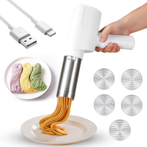 Macchina per pasta elettrica, senza fili, automatica, con 5 stampi e 2000 mAh, per spaghetti portatile, in acciaio inox, per la casa, ad alte prestazioni