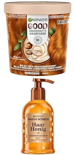 Garnier GOOD Dauerhafte Haarfarbe 7.43 Kurkuma Kupfer – Coloration ohne Ammoniak, bis zu 100% Grauabdeckung + Wahre Schätze Haarserum, Mit Akazienhonig für mehr Glanz und Geschmeidigkeit