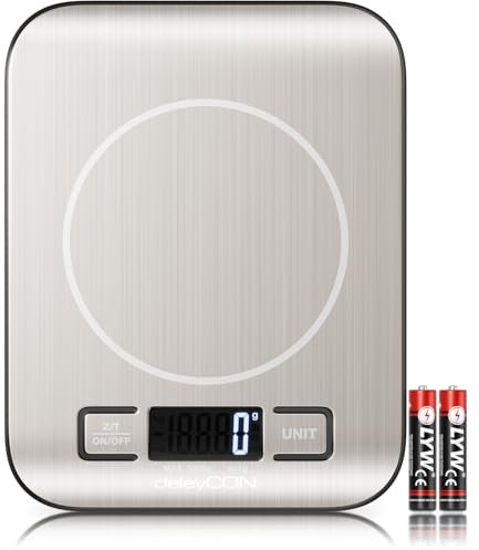 deleyCON Küchenwaage Digital, LCD-Display, Tara-Funktion (mit Batterien) bis 5KG, Digitalwaage, Briefwaage, auf 1g genau, Backen Kochen Messen von Zutaten Diät Fitness Schmuck, klein und flach, Silber