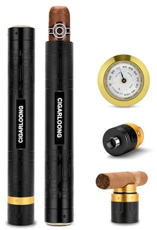 Humidor de tube de cigare en acier inoxydable avec hygromètre et poinçon de cigare et porte-cigare, étui d'humidifier de cigare 3 in 1 pour les amateurs de cigares Voyage en plein air (Noir)