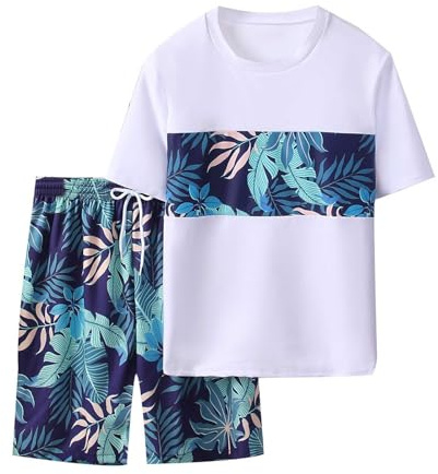 Generisch Bañador para niño de verano de manga corta Rashguard y bañador con estampado de hojas para surf, playa, piscina, talla 98, verde, 12-13 años