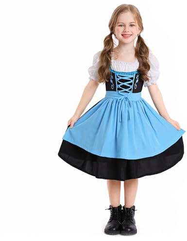 Flerfärgad Oktoberfest Dirndl klänning outfit med puff ärm och förkläde för flickor bayersk ölfestival traditionell tysk klänning karneval halloween kostym
