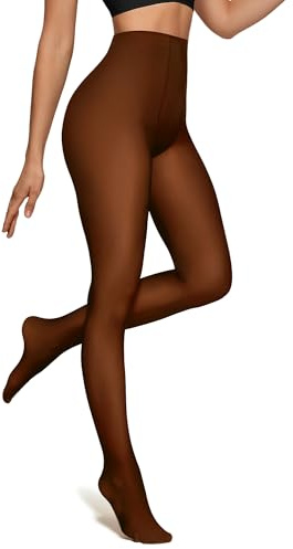 OEAK Womens Fleece Lined Tights Fake Translucent Pantyhose Thermal Opaque High Waisted Winter Legging Footed Sheer Tights 220g Fake Translucent Caramel L/XL