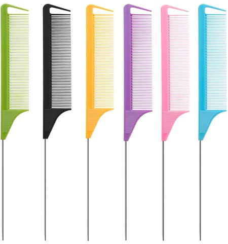 6-Piece Professional Rat Tail Comb Set with Stainless Steel Handle for Precision Hair Styling and Sectioning (8.66 Inches)