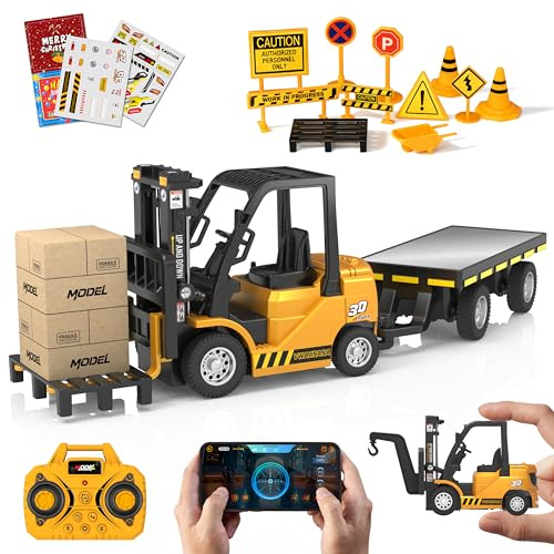 VWAHNANA 1/64 RC Forklift Toy, 3 in 1 Mini Forklift Remote Control & App Remote Control Forklift with Trailer & Fork & Hook, 10CH Alloy RC Construction Vehicles, Desktop Toy for Adults Kids Boys Gift