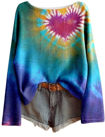 Maglia a maniche lunghe da donna in stile batik con motivo a cuori, ampia parte superiore in effetto maglia a costine, maglietta colorata per un look hippie bohémien, Stil_E01 Blu, M
