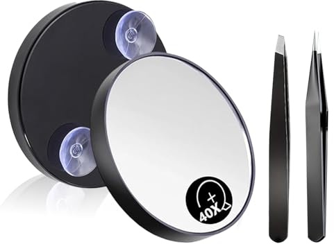 Uvwxba 40X Magnifying Makeup Mirror with Suction Cup Slant Flat Tweezers for Precision Eyebrow Plucking Skin Care Compact Travel Mirror