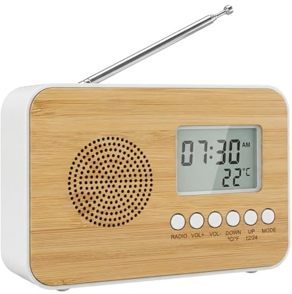 MIJOMA Digitaler Radio-Wecker mit Holzfront – FM-Radio, Alarm, Thermometer & LCD-Display – Batteriebetriebener Wecker mit Naturdesign (Weiß)