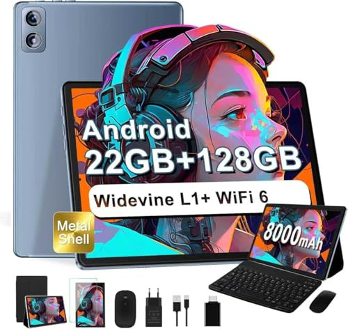 Dghrti Tablet 10 Pulgadas Android, 22GB RAM+128GB ROM (1TB TF), CPU Octa-Core, 8000mAh, Widevine L1, Dual WiFi, BT 5.0, Face ID, 5MP+8MP, con Carcasa MetÃlica, Teclado y Ratón-Grey