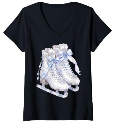 Women's Figure Skate Shoes Cute Winter Ice Skating Skater V-Neck T-Shirt