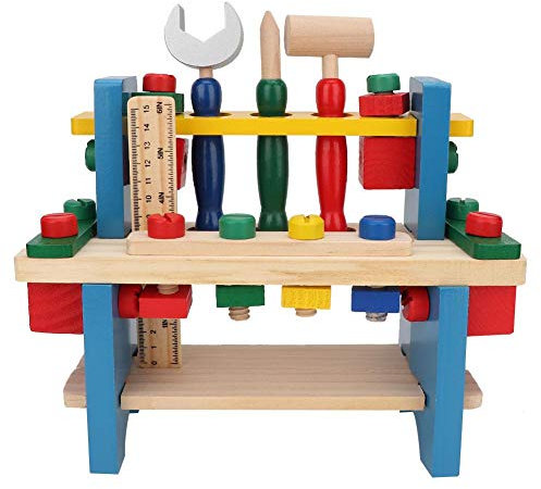 Zerodis Kids Wooden Workbench Simulation, Pretend Play Wood Work Station Toys Tools DIY Set Toy Engineering Early Education Puzzle Game