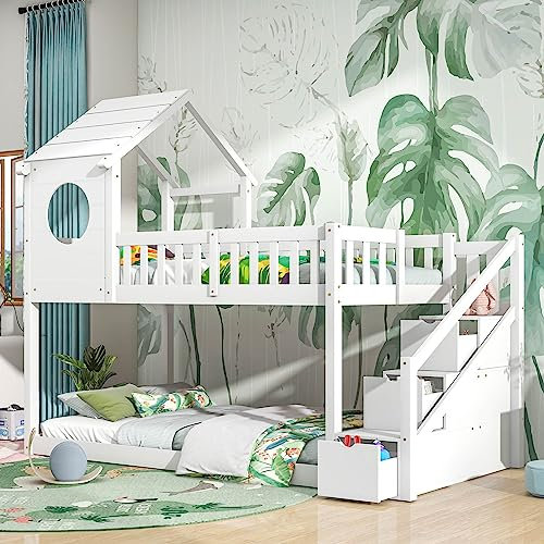 Kayan Baumhaus Kinderbett 90 x 200cm, Ins und aus dem Bett kommen, Doppelbett, Kinderbett in Hausform, Leiterschrank, Kiefernholz Haus Bett for Kids, ohne Matratze, weiß