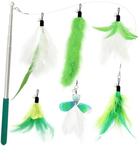 SONGWAY Interaktives Katzenspielzeug Feder – Katzenspielzeug Set mit Einziehbare Stangen, Federstab Katze Spielzeug mit 6 Stück Ersatzfedern mit Glocken, Federangel Katzen, Grün