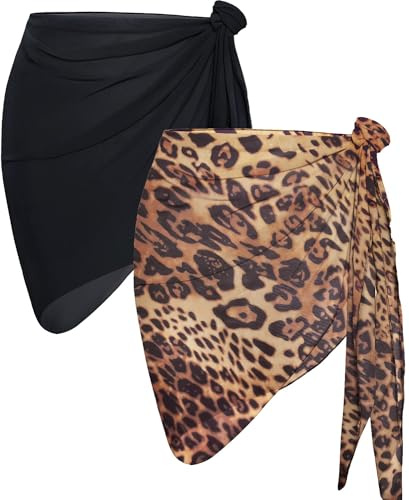 2 Pieces Sarong Cover Ups for Women Beach Bathing Suit Wrap Sheer Short Skirt Bikini Chiffon Scarf for Swimwear (Brown Leopard and Black)