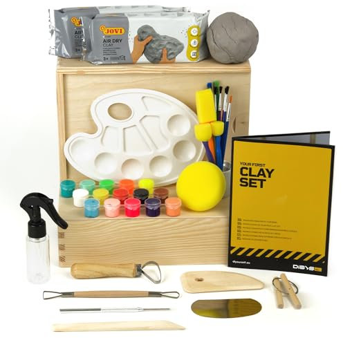 DIBYS Töpfer-Set für Kinder & Erwachsene | Mit Modellier-Werkzeug, Ton lufttrocknend & grau, Farbe & Pinsel | Bastel-Set zum Töpfern für Zuhause | Kreativ-Set | Originelle Geschenk-Ideen