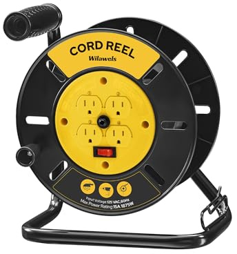 WILAWELS Extension Cord Storage Reel with 4-Grounded Outlets, 15A Circuit Breaker, Heavy Duty Open Cord Reel for 12/3,14/3,16/3 Gauge Power Cord, Hand Wind Retractable, ETL Listed, Yellow Y95CR06
