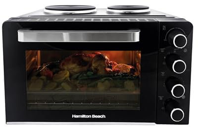 Hamilton Beach Mini Oven, 28L, 3100W, Double Hotplates, Space Saving, Electric Countertop Cooker, Flexible Cooking, Adjustable Temperature Control, 60 Min Timer, Black - HB28HDB