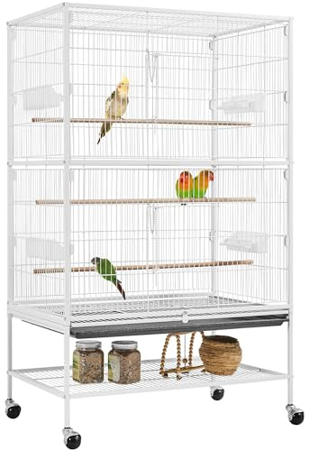 Yaheetech Bird cage with stand, bird aviaries with 3 wooden bars and 4 food bowls, budgie cage with 4 rolls, aviary for parrots, 52 x 79 x 132 cm, white