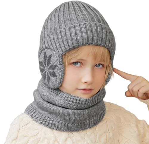 Cheerful Mario 3-8 Año Set de Gorro y Bufanda Niño Invierno Gorro Lana con Orejeras Braga de Cuello Forro Polar Gris