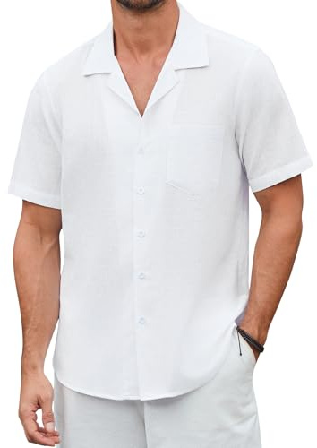 Enlision Chemise Lin Homme Manches Courtes Été Leger Chemises sans Repassage Homme Boutonnée Coupe Régulière Chemisette Décontractée Classique Couleur Unie avec Poche