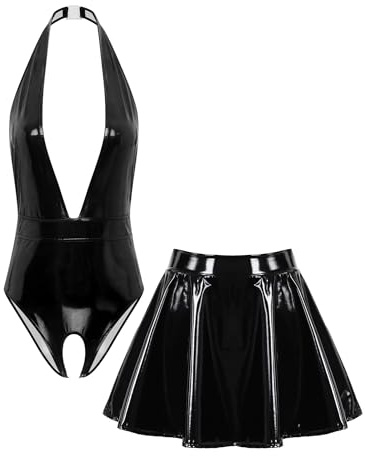 TiaoBug dam wetlook body ouvert stringbody nackhållare rygglös topp djup V-ringad topp och lack läder kjol mini veckad kjol gogo klubbkläder