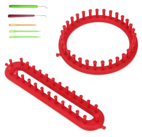 KLEHOPE 2 Stücke Häkelset für Anfänger, Rot Strickbrett, Rund und Rechteckig Strickmaschine, mit Häkel und Kunststoffnadeln, für Stricken von Schals, Handschuhen, Mützen