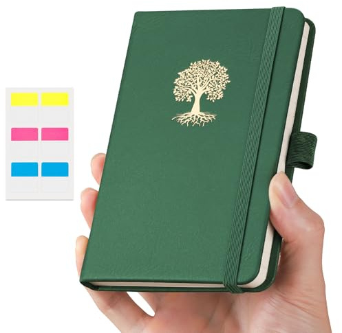 EMSHOI A6 Notebook for Women Men, Small Mini Cute Pocket Notebook, 100gsm Paper, 160 Numbered Pages Notepad, PU Leather Hardback Note Book, Lined Journal for Work Writing, 9.5 x 14.5 cm - DarkGreen