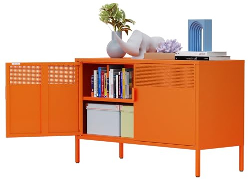 MetaCate lnov Metallförvaringsskåp med dörrar och hyllor – Lågt stålskåp för vardagsrum – Metallarkivskåp för hem och kontor – Orange – 40 x 100 x 64 cm (L x B x H)