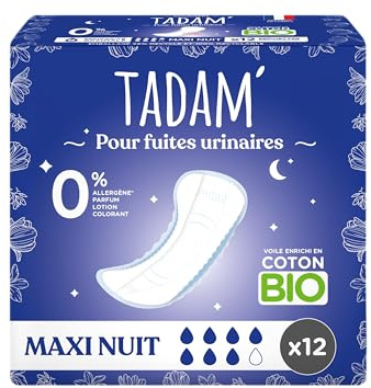 TADAM' - Serviettes Maxi Night - Protections Urinaires Pour Femmes Hypoallergéniques - Protections Fuites Urinaires Femme et Incontinence - Coton Bio - Sans Substances Toxiques - Sachet de 12
