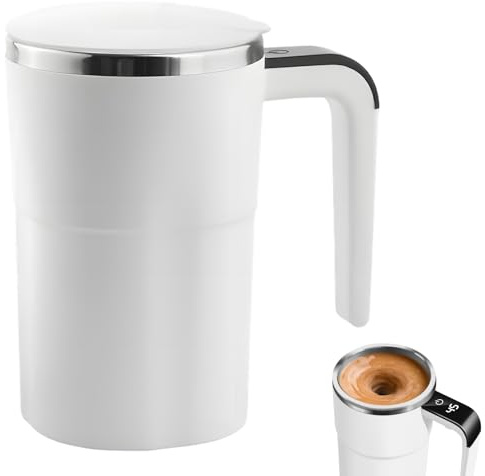 Wapasezyar självrörande kopp, 380 ml självrörande mugg med temperaturdisplay, 304 rostfritt stål magnetisk elektrisk shaker med handtag för varm choklad, kaffe, mjölk (vit, 380 ml)