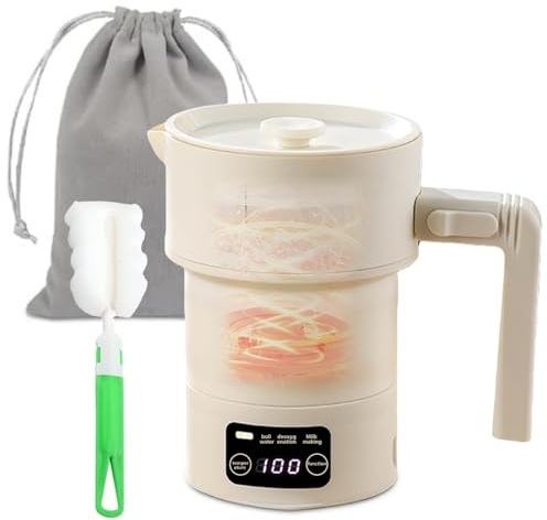 Hervidor de agua plegable de 0,6 L, mini hervidor de agua de viaje, portátil, pequeño, calentamiento rápido en 4 – 6 minutos, hervidor de agua plegable con bolsa de almacenamiento y cepillo