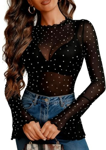 InfiniZer Women's Sexy Top - Black Long Sleeve Top with Rhinestones, Mesh See Through Bell Sleeve Blouse, Scalloped Edge Stand Collar Tops for Party Wear (UK, Alpha, L, Regular, Regular, Black)