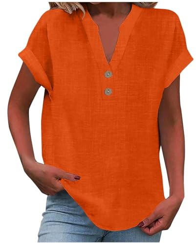 Chemise Femme Coton et Lin Été Manches Courtes Chemisiers et Blouses Chic et Élégante Col en V Chemisier Couleur Unie Grande Taille T-Shirts Décontractée Haut Ample Tunique avec Bouton Léger de Plage