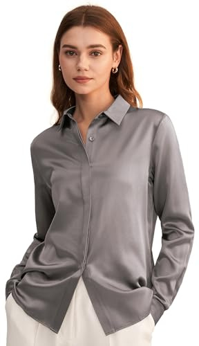 LilySilk Silk Blouse for Women Button Down Shirt Tops Point Collar Long Sleeve 100% Silk (XS/8, Grey)