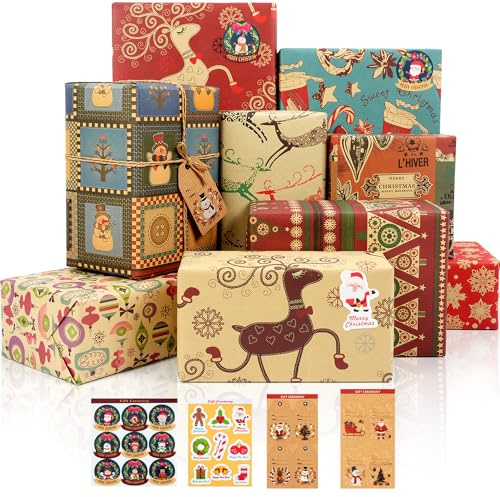 Christmas Wrapping Paper, 12 Sheets Recyclable Kraft Xmas Wrap Paper Set with Tags and Stickers, 9 Vintage Designs Christmas Wrapping Paper for Gift Wrapping, 70x50CM