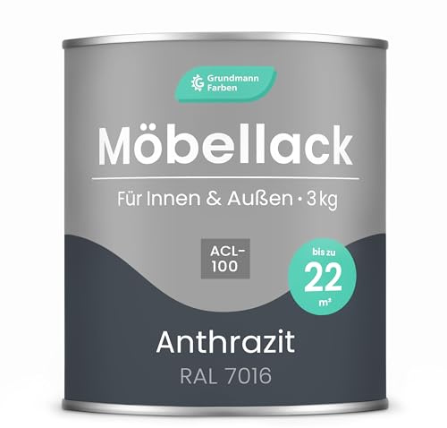 Grundmann Möbellack ACL 100 - Anthrazit 3 Kg - Lösemittelfrei & Geruchsarm - 4in1 Möbelfarbe inkl. Grundierung - Innen und Außen - Für Holz, Metall & Kunststoff - RAL 7016 Anthrazitgrau