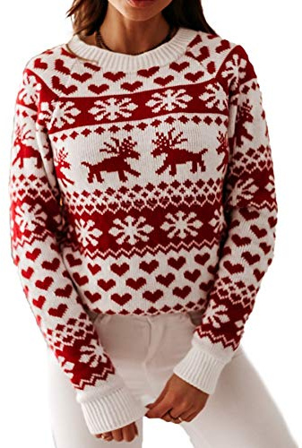 Geagodelia Maglione Donna di Natale Invernale Caldo Pullover Maglie Natalizio Maniche Lunghe Girocollo Stampa di Alci e Fiocchi di Neve Rosso Elegante