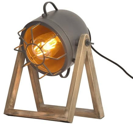 BarcelonaLED Lámpara de Mesa Vintage Diseño Industrial Gris con Proyector Orientable Pantalla Jaula Metalica Casquillo E27 y Base de Madera para Escritorio Salón Habitación Mesilla de Noche 28cm