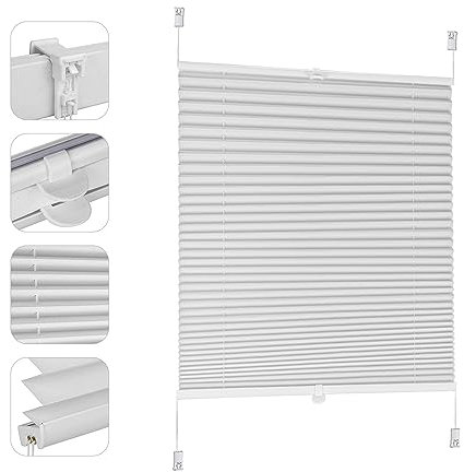 Sekey Pleated Blind, No Drilling Blackout, 95 cm Wide, Tensioned Opaque Sun Protection, UV Protection, White