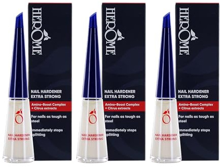 Herome 3-pack nagelhärdare extra stark (Nail Hardener Extra Strong) – nagelförstärkare garanterat fasta naglar, redan efter åtta dagar är de första resultaten märkbara. - 3 x 10 ml.