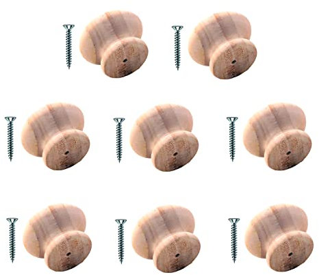 TERF® Lot de 8 boutons de porte traditionnels en bois de pin non laqué avec fixation pour commode, tiroir, placard, cuisine, armoire - 35 mm