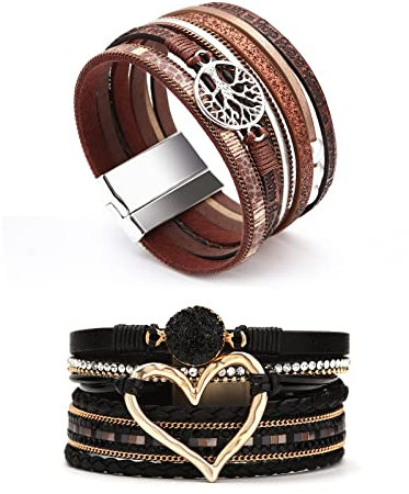Dochais Armbänder Damen Set, 2 Stück Mehrschichtiges Lederarmband, Boho Wickelarmband Mit Handgelenksmanschette Und Magnetschnalle Für Frauen (Schwarz)