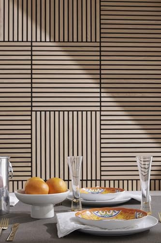 SOOMJ Four Acoustic Wood Wall Veneer Slat Panels - Soundproof Paneling | Wall Panels for Interior Wall Decor | Luxury Wood Veneer Panel | 0.86” Depth (23.62”x 23.62”, Natural Oak - Wood)