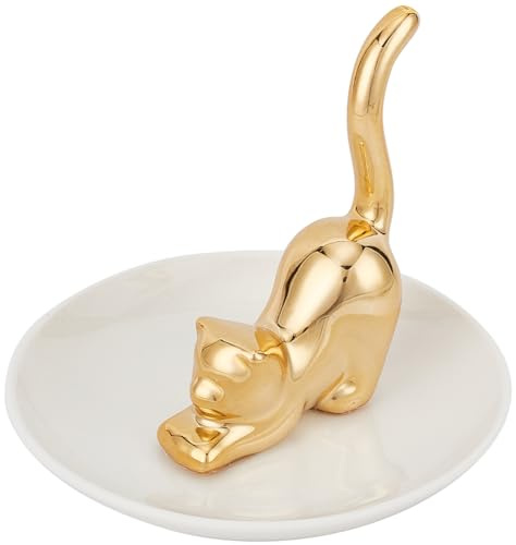 GORGECRAFT Porta-Anelli per Postura Del Gatto Piatto Coda di Gattino Dorato Vassoio per Gioielli Anello Piatti Rotondi Vassoio per Gingillo Portagioielli In Ceramica Decorazioni per La Casa per Donne