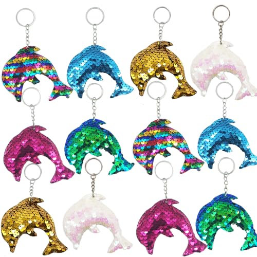 Yhjxly Lot de 12 porte-clés dauphin, porte-clés à paillettes, pendentif dauphin, trousseau de clés pour enfants, décoration de sac (six couleurs)