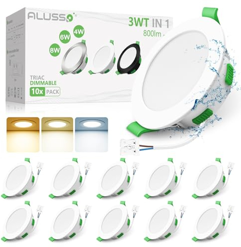 ALUSSO LED Slim Downlights Dimmable 4W 6W 8W Selectable Recessed Ceiling Lights, 3CCT 3000K Warm 4000K Neutral 6500K Cool Adjustable IP44 Spot Lights for Bathroom Kitchen, White, 10 Pack