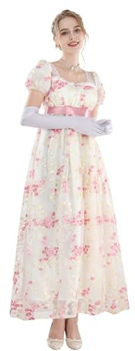 FCCAM Rosa Regency Kleider für Frauen 1800er Vintage Kleid Viktorianisches Ballkleid mit Handschuhen,S