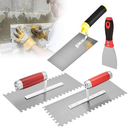 Truelles De Maçon en Acier Inoxydable, Lot De 4 Truelle De Maçonnerie, Truelle Dentée, Couteau Enduit avec Poignées en Caoutchouc, Truelle À Plâtre Truelle De Lissage pour Béton, Mastic (280x110mm)